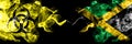 Quarantine in Jamaica, Jamaican. Coronavirus COVID-19 lockdown. Smoky mystic flag of Jamaica, Jamaican with biohazard symbolÃÂ 